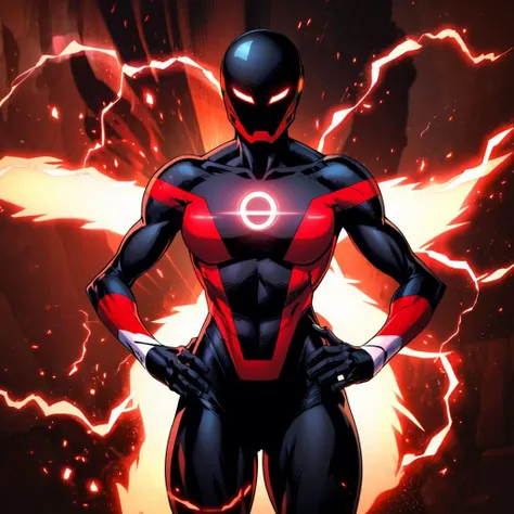 a man in a red and black suit standing in front of a lightning