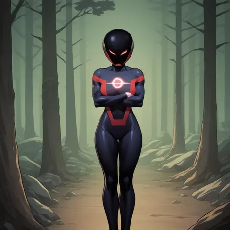 a woman in a black suit standing in a forest with her arms crossed