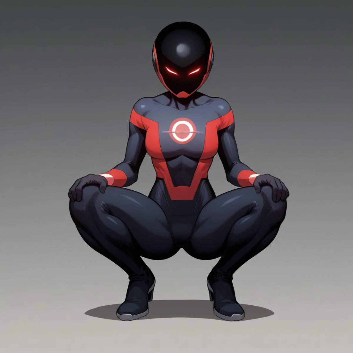 a cartoon image of a man in a black and red suit