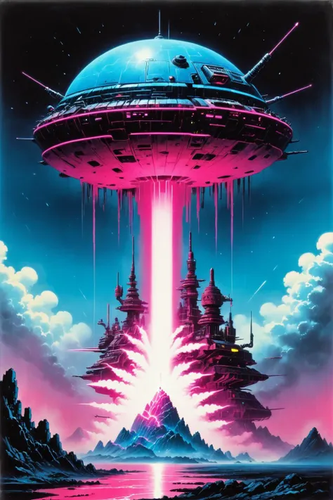 a painting of a spaceship flying over a mountain with a pink sky