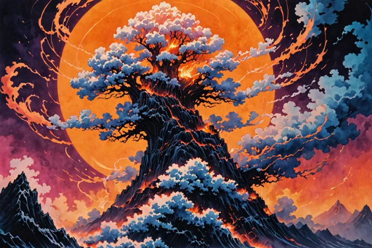 a painting of a tree with a mountain in the background