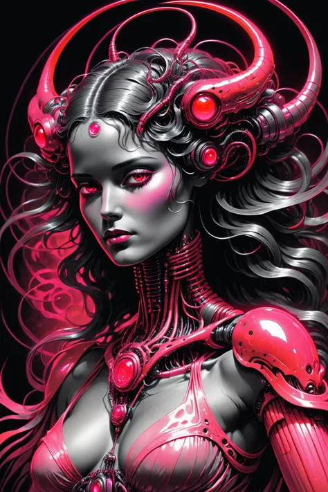 retro ink, image style is ink painting with fluid Virgil Finlay  incluence ,,  neon red and pink  (Sublime Transcendence), robotic creature, intricate, elegant, highly detailed, artstation, concept art, smooth, sharp focus, illustration, art by artgerm and...