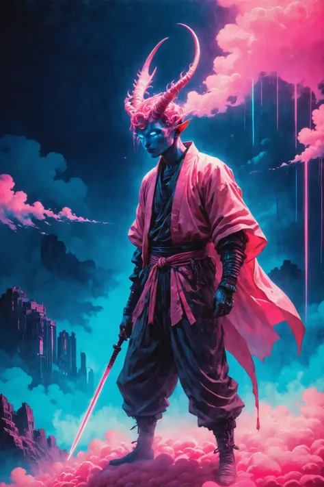 a man with horns standing in the clouds with a sword