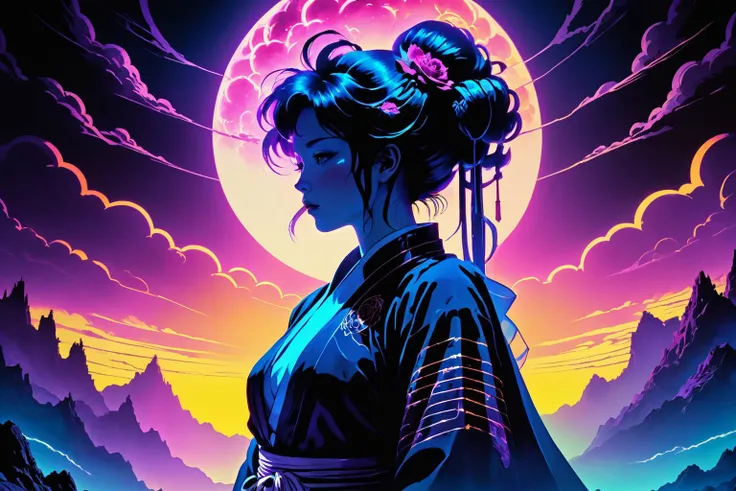 anime style, retro ink, neon Platinum ,Rose gold  ,  ((vast darkness)), image style is a mix of 16 bit  , Rim Lighting/Backlighting and Silhouette Lighting Double Exposure , , intricate Todd Lockwood and Blacklight Painting  , Soft Edge Lighting Infrared E...