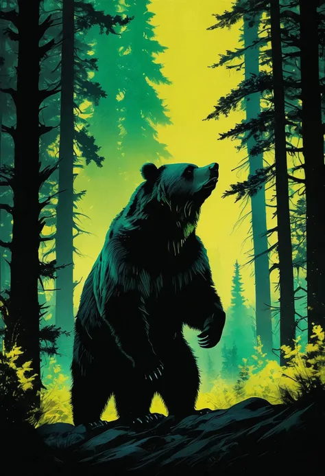 flawless, clean, masterpiece, professional artwork, famous artwork, cinematic lighting, cinematic bloom, retro ink, magical forest background, grizzly bear, neon yellow and green, silhouette  <lora:Retro_Ink_SDXL:0.8>