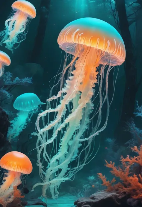 jellyfishs floating in the ocean with corals and algae