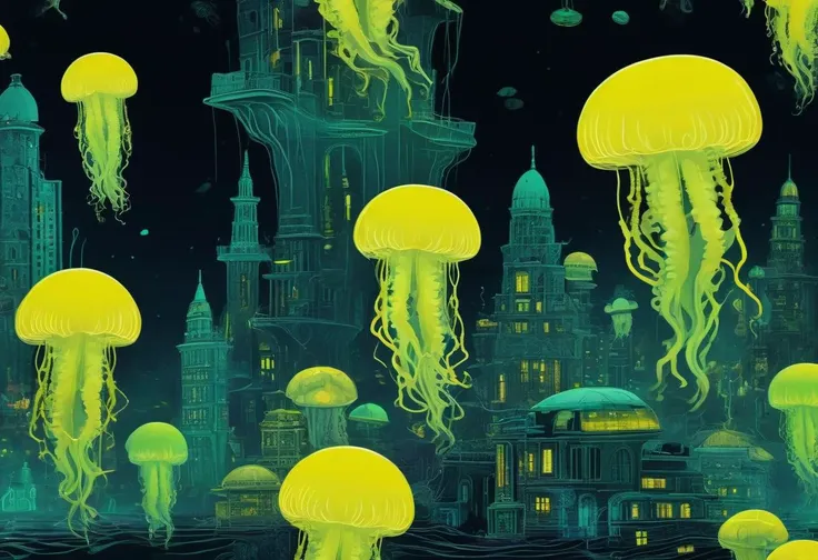 jellyfishs floating in the water in front of a city at night