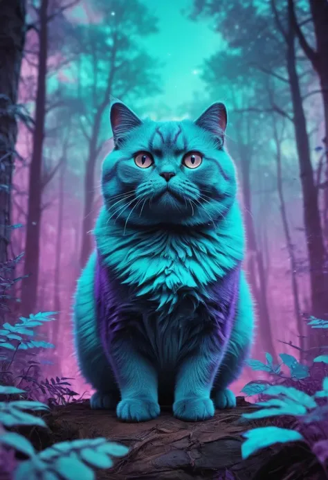 a blue cat sitting on a log in the woods