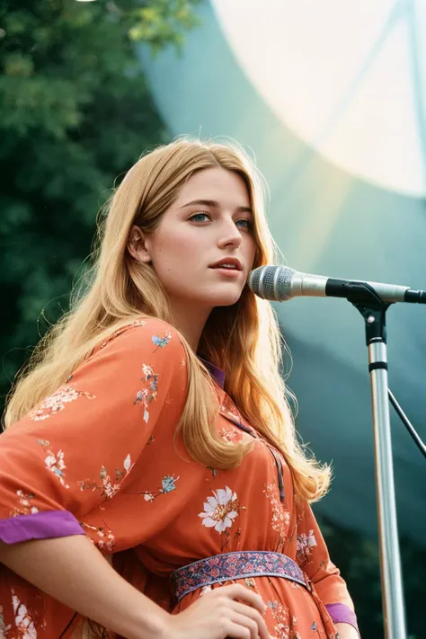 analog photo of AshleyCipher with feathered hair, wearing a 1970s floral kaftan, hippy, flowing, glossy lipstick, god rays, golden-hour, singing on stage at an outdoor concert, festival, vibrant color film, masterclass,  heavy (film grain), analog, Fujicol...