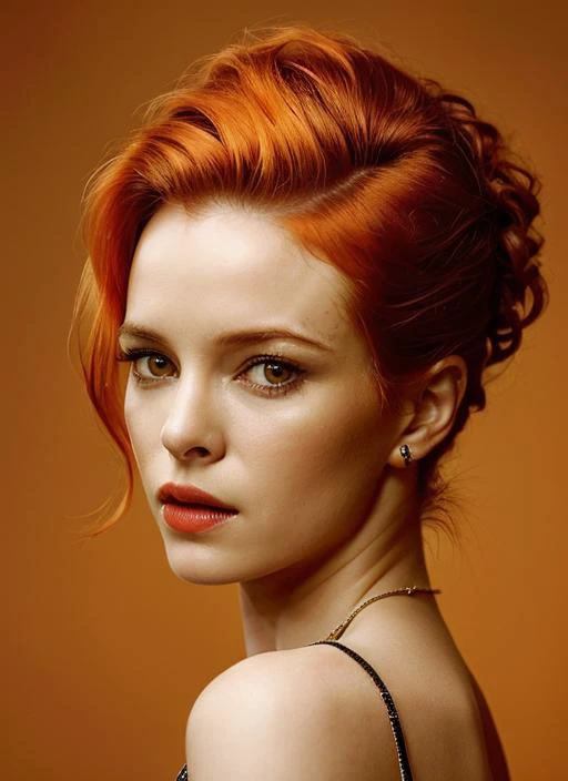 portrait of sks woman by Flora Borsi, style by Flora Borsi, bold, bright colours, orange Mohawk haircut, ((Flora Borsi)), <lora:locon_daniellepanabaker_v1_from_v1_64_32:1.25>