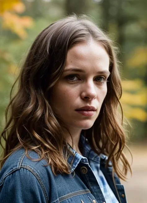 A stunning intricate color close up portrait of (sks woman:1) , wearing Flannel shirt and jeans, epic character composition, sharp focus, natural lighting, subsurface scattering, f2, 35mm, film grain, , by Tim Walker, <lora:locon_daniellepanabaker_v1_from_...