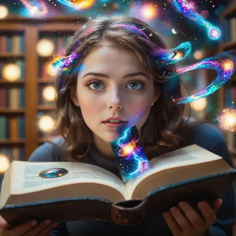 bookmark glowing in book, library swirling sparkles background bokeh, bokeh shocked person looking at bookmark in wonder