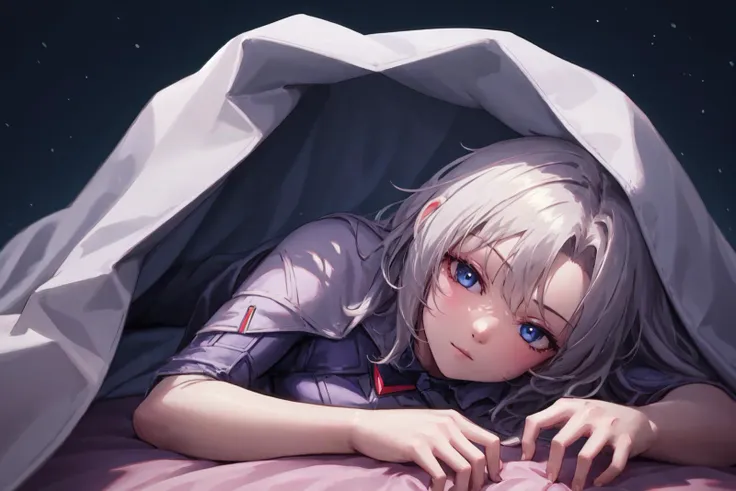 anime girl laying in bed with a blanket over her head