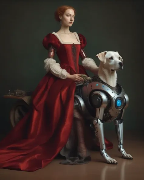 a woman in a red dress and a dog ((renaissance style)) , cyborg:0.5<lora:Modern_Twist_sdxl:1.0>