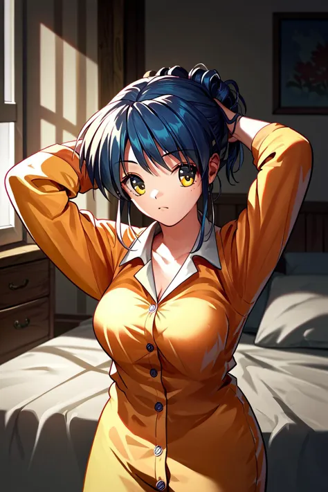 anime girl in a yellow dress posing on a bed