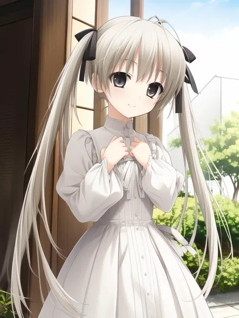 brother and sister, <lora:Kasugano_Sora:0.8> KasuganoSora, 1girl, soro, white hair, gray eyes, long hair, twintail, under body, hair ribbon, white dress, cowboy Shot,smile,
masterpiece, high quality, very_high_resolution, large_filesize, full color,