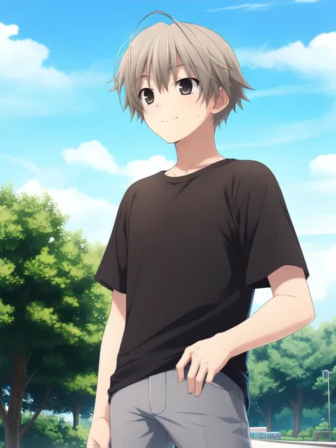 brother and sister, <lora:Kasugano_Sora:0.8>KasuganoHaruka, 1boy solo, grey pants, pants, shirt, male focus,  black shirt, under body, standing, brown eyes, t-shirt, short hair, short sleeves, smile, open,
blue sky,
masterpiece, high quality, very_high_res...