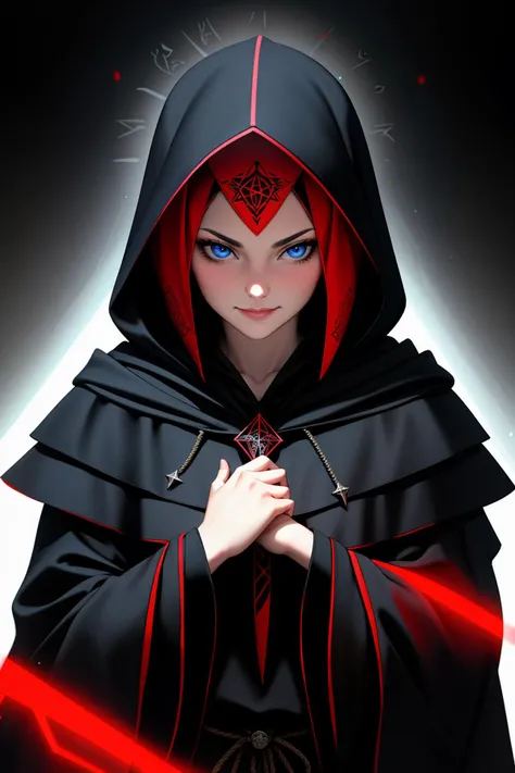 ((Masterpiece, best quality)),edgQuality,smirk,smug, hair inside the hood,short hair,
edgCultist, solo, looking at viewer, blue eyes, 1girl, upper body, male focus, hood, facial hair, cross, cloak, hood up, pentagram ,wearing edgCultist_hood,ominous,dark
<...