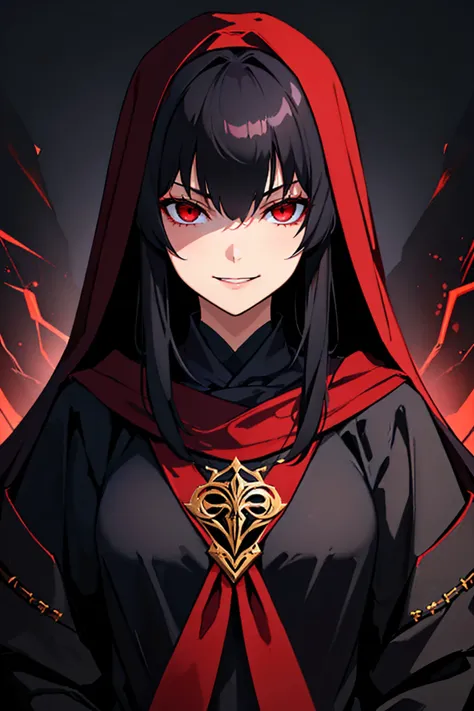 a woman in a red cape and black outfit with a red hood