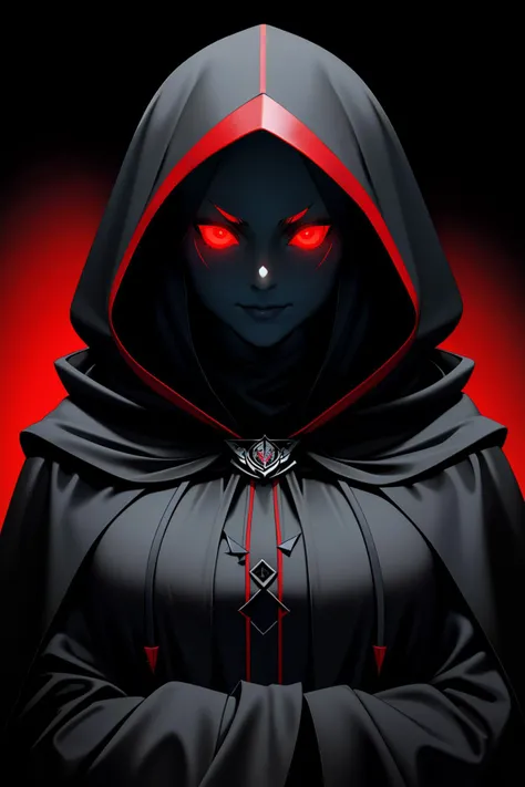 ((Masterpiece, best quality)),edgQuality,smirk,smug, hair inside the hood,short hair,
edgCultist, 1girl, solo,  looking at viewer, hood, glowing eyes , black background, portrait, glowing eyes, cloak, dark, hooded cloak ,wearing edgCultist_hood,ominous,dar...