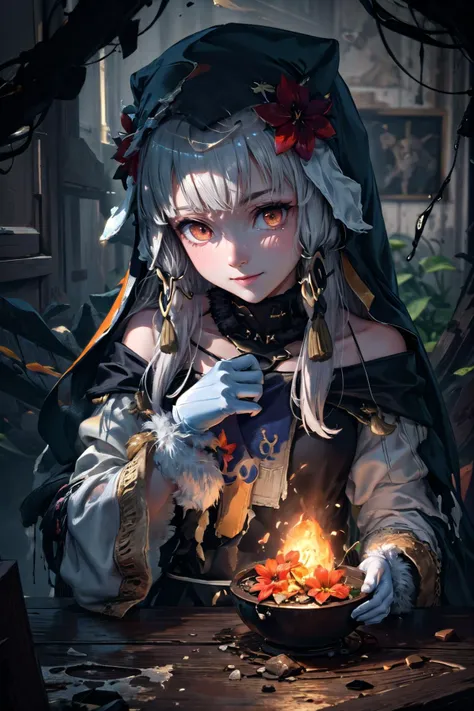 (highly detailed:1.3), 
1girl, solo, (upper body,:1.2), (flower field:1.3), 
<lora:fireemblem_ordelia:0.9>, lysitheabrave, hair ornament, dress, fur trim, white gloves, <lora:edgCultistHood:0.85> edgCultist, wearing edgCultist_hood, (light smile:1.2), oran...