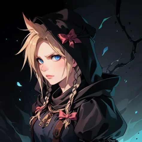 masterpiece:1.2, best quality, absurdres, serious, Cloud Strife, crossdressing, twin braids, male focus, frilled dress, hair bow , front view, looking at viewer, portrait, hood up, realistic, dark ,wearing edgCultist_hood, ominous, dark, <lora:edgCultistHo...