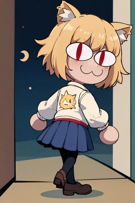 a cartoon girl with a cat head and a skirt standing in front of a door