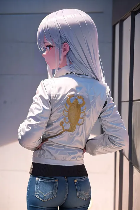 masterpiece, best quality, 1girl, (print jacket, white jacket), from behind, jeans, kazami kazuki, silver hair, long hair,