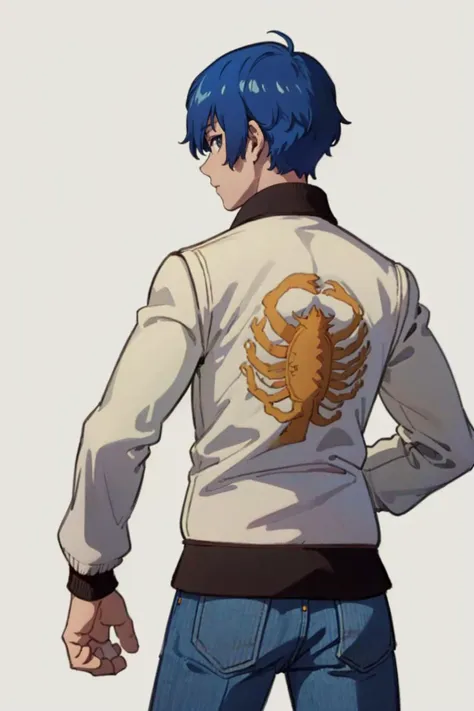 a man in a white jacket with a blue hair and a scorpion on his back