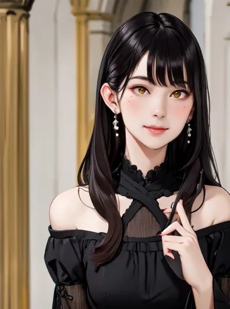 anime girl with long black hair and black blouse posing for a picture