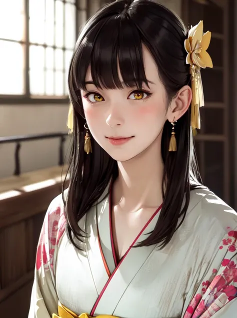 a woman in a kimono outfit with a yellow flower in her hair