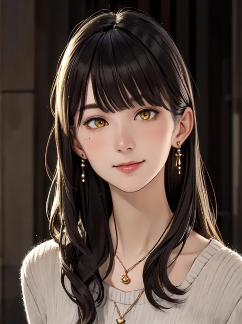 a woman with long black hair and yellow eyes is looking at the camera