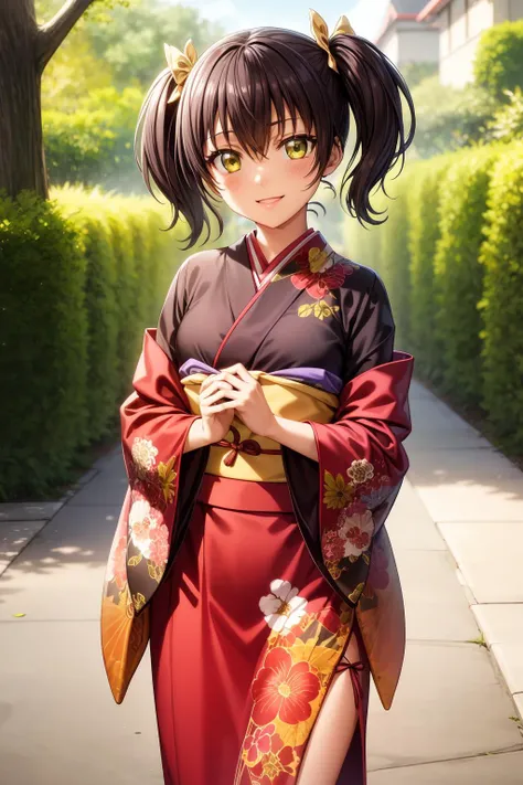 looking at viewer, smile, best quality, 1girl, solo, looking at viewer, bangs, black hair, hair between eyes, twintails, yellow eyes, hair bow, outdoor background, floral print, japanese clothes, kimono, long sleeves, obi, print kimono, red kimono, sash, s...