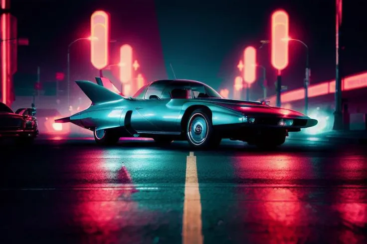 analog gloomy photo of a GM Firebird 3 car, <lora:gmf1r3b1rd3:1>, racing down a neon avenue at night, neon city, outrun, synthwave, retrowave, red sky, ((cyberpunk)), High Detail, Sharp focus, ((photorealism)), realistic, best quality, 8k, award winning, d...