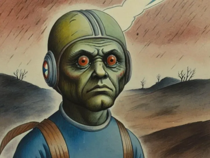 painting of a man in a helmet with a red eye