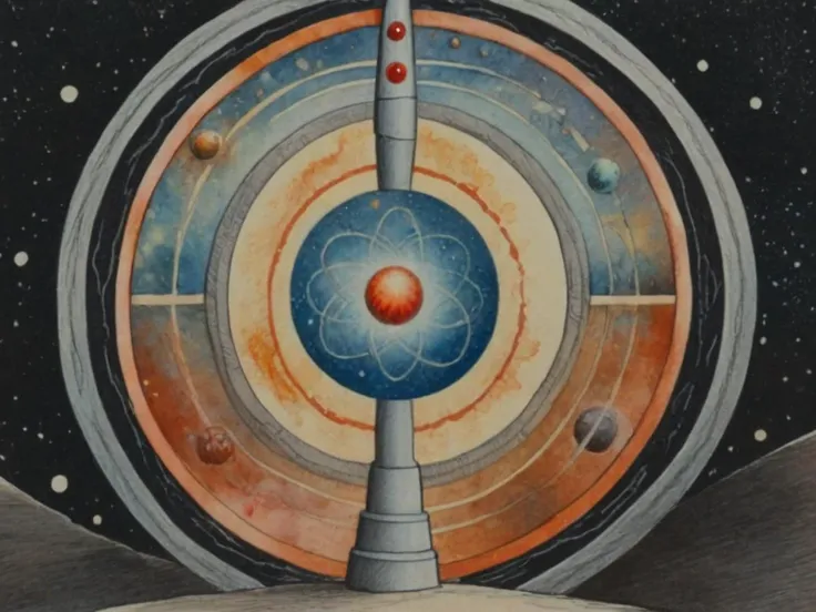 painting of a space station with a rocket and planets in the background