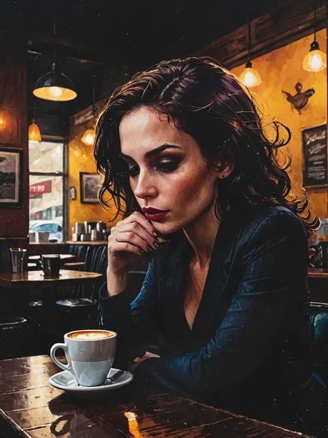 a woman in a coffee shop <lora:Desolation:0.6> highly detailed, sharp, professional, high contrast, high saturated, vivid deep blacks, crystal clear