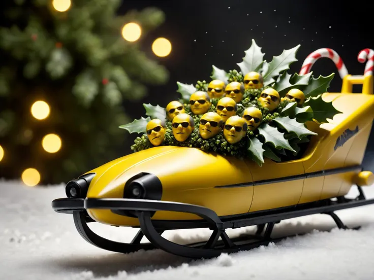 yellow sled with christmas decorations and candy canes on a snowy surface