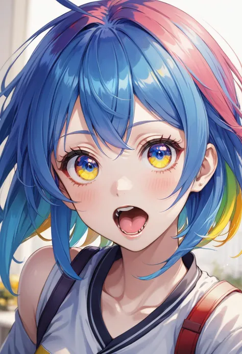 1girl, blue hair, multicolored hair, red inner hair, beautiful eyes, blue eyes, multicolored eyes, gradient eyes, yellow pupils, showing tongue, open mouth, anime, colorful, soft lighting, detailed shadows, best quality, extremely detailed, absurdres