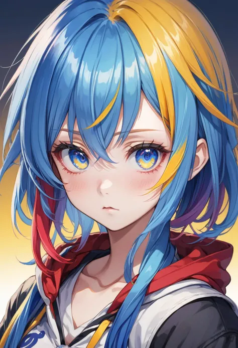 1girl, blue hair, multicolored hair, red inner hair, beautiful eyes, blue eyes, multicolored eyes, gradient eyes, yellow pupils, pouting, anime, colorful, soft lighting, detailed shadows, best quality, extremely detailed, absurdres