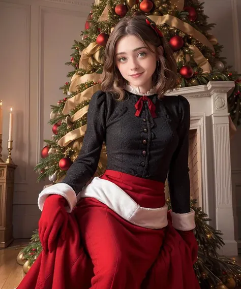 arafed woman in a red skirt and black top sitting in front of a christmas tree