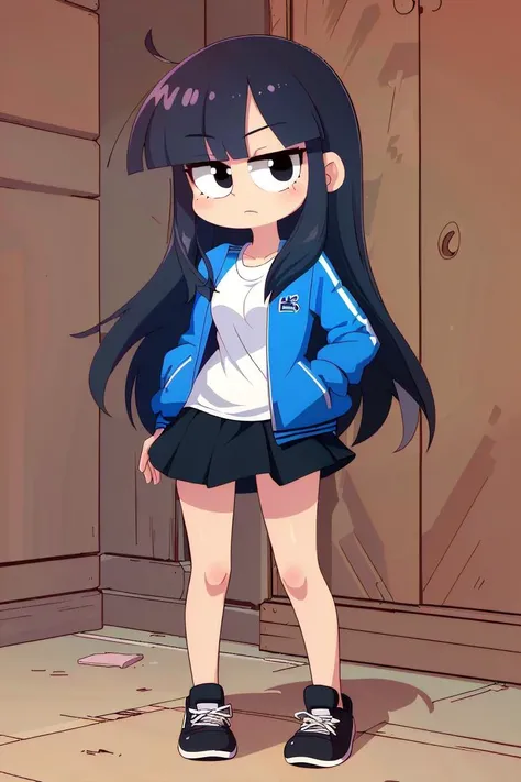 (best quality, masterpiece, hires), <lora:Marco_-_Marco_and_the_Galaxy_Dragon:0.8>, marcotoon, 1girl, blue jacket, black hair, long hair, full body, skirt, white t-shirt, dot eyes, black eyes, <lora:hyperrefiner_v090:0.8>, toon, cartoon