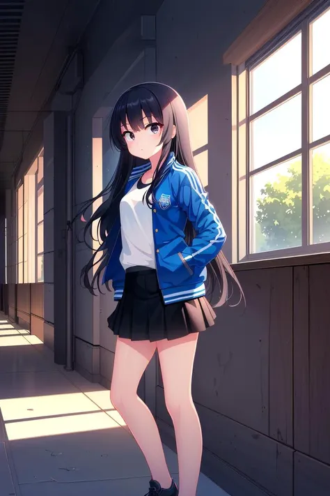 anime girl in a school uniform standing in a hallway