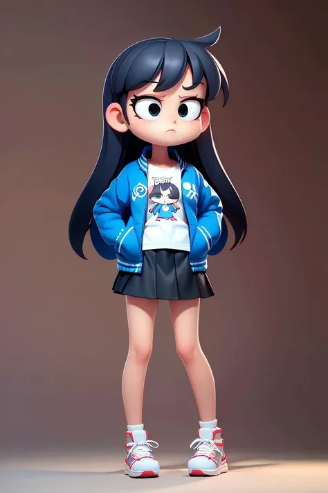 a cartoon girl in a blue jacket and skirt standing with her hands in her pockets