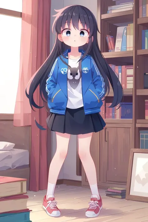 anime girl in a blue jacket and skirt standing in a room