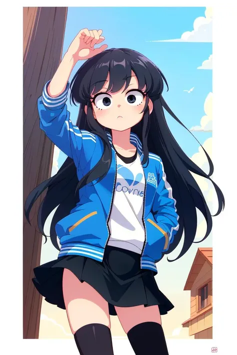 (best quality, masterpiece, hires), <lora:Marco_-_Marco_and_the_Galaxy_Dragon:0.8>, Marco, 1girl, blue jacket, black hair, long hair, skirt, ((dot eyes)), black eyes, <lora:hyperrefiner_v090:0.8>, cowboy shot ,cartoon, toony