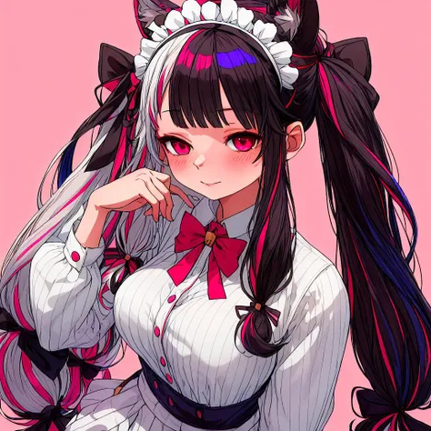 <lyco:yorumi_rena:1.0>,yorumi_rena,1girl, split-color hair, multicolored hair, solo, bell, animal ears, v, long hair, double v, black hair, bow, red eyes, hair ornament,  white hair, blush, two-tone hair, maid headdress, breasts, hair bell, bangs, streaked...