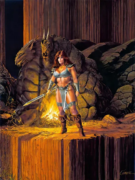 paint,  Elmore_Style_LX , girl, (nude) posing, Powerful hero, adventure, cinematic, epic outdoor location, fantasy illustration, cinematic scene by dragonlance fantasy illustrations of a 1woman barbarian, skimpy armor, Huge breasts, bikini armor, sexy barb...