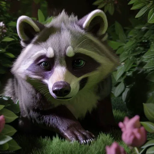 araffe sitting in the grass with flowers and bushes in the background