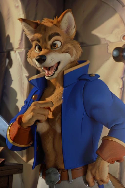 Photo-Realistic, masterpiece, detailed fur, shocked, looking at viewer, (detailed pixar eyes:1.2), detailed eyes, female, anthro, <slora:add_detail:0.3>, ((Don Karnage, Wolf, Tan Fur, Beige Muzzle, Blue buttoned captains jacket with popped collar, Muscular...